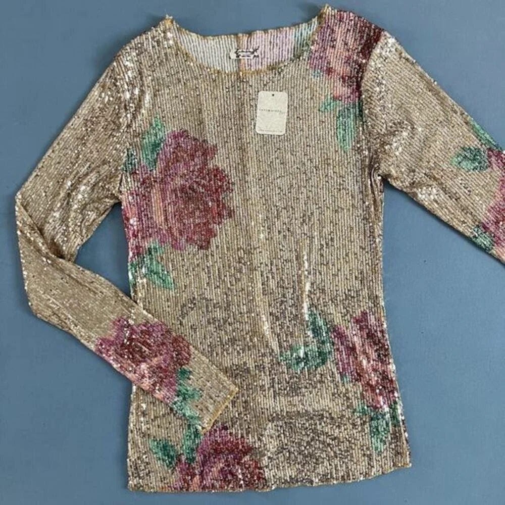 NWT Free People Intimately Gold Rush Champagne Combo Printed‎ Sequin Long Sleeve